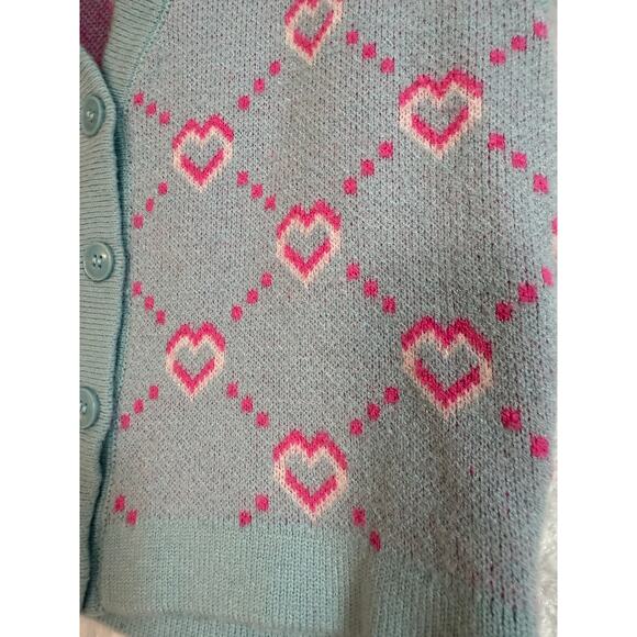 Witty Fox Blue / Barbie Pink / White Heart Collared Button Up Sweater Vest Small - Picture 4 of 6